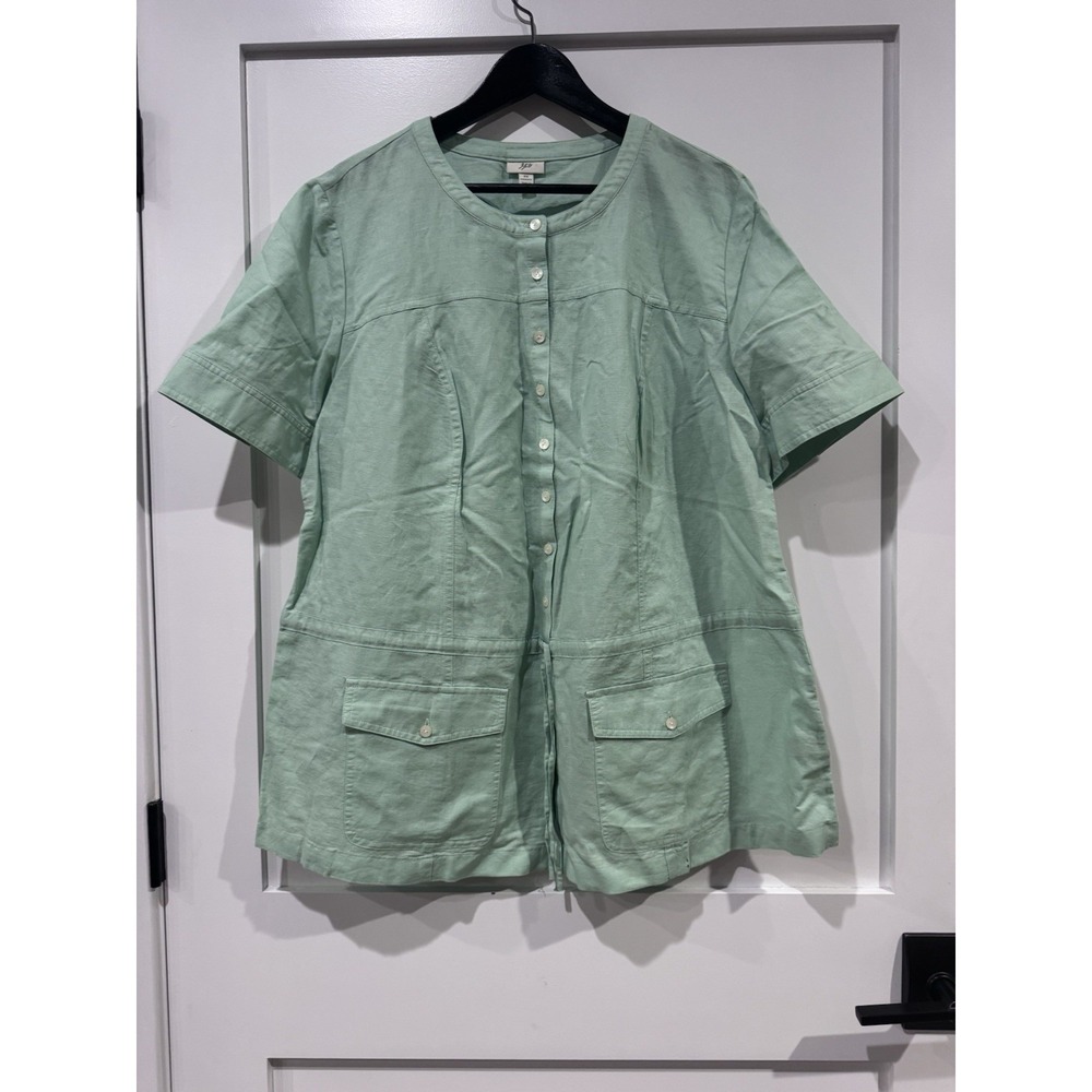 Vtg J.JILL Blouse Top Tunic  Women Sz 2X Light Green Brush 100% Linen Pockets